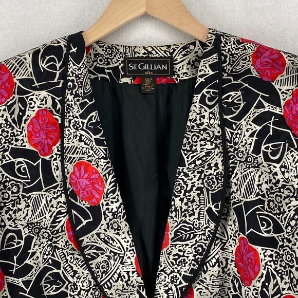 ST. GILLIAN Blazer 14 Silks Abstract Floral Faux Cami Button Front Black Red Vtg - Picture 3 of 16